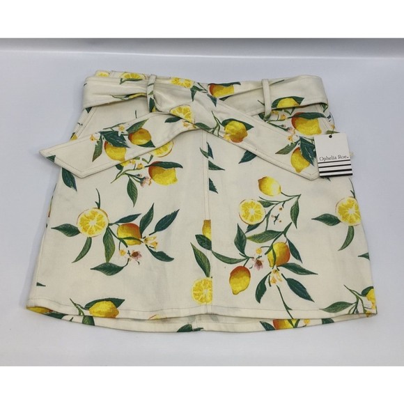 NWT Ophelia Roe Lemon Print Denim Skirt w/ Pockets Tie Belt Size 4 - Picture 1 of 5